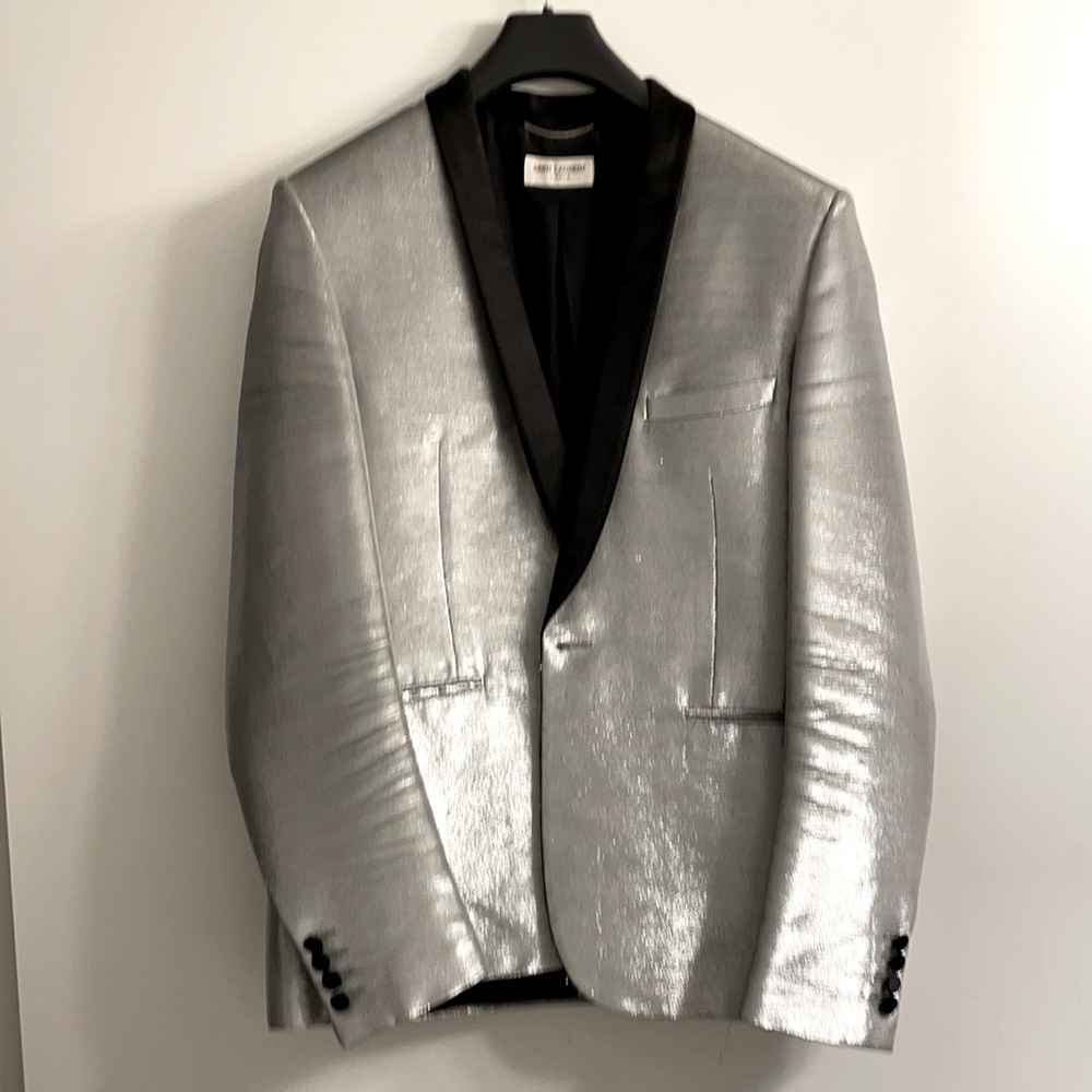 Saint Laurent Paris SS2017 smoking jacket in raw silk with silver finish